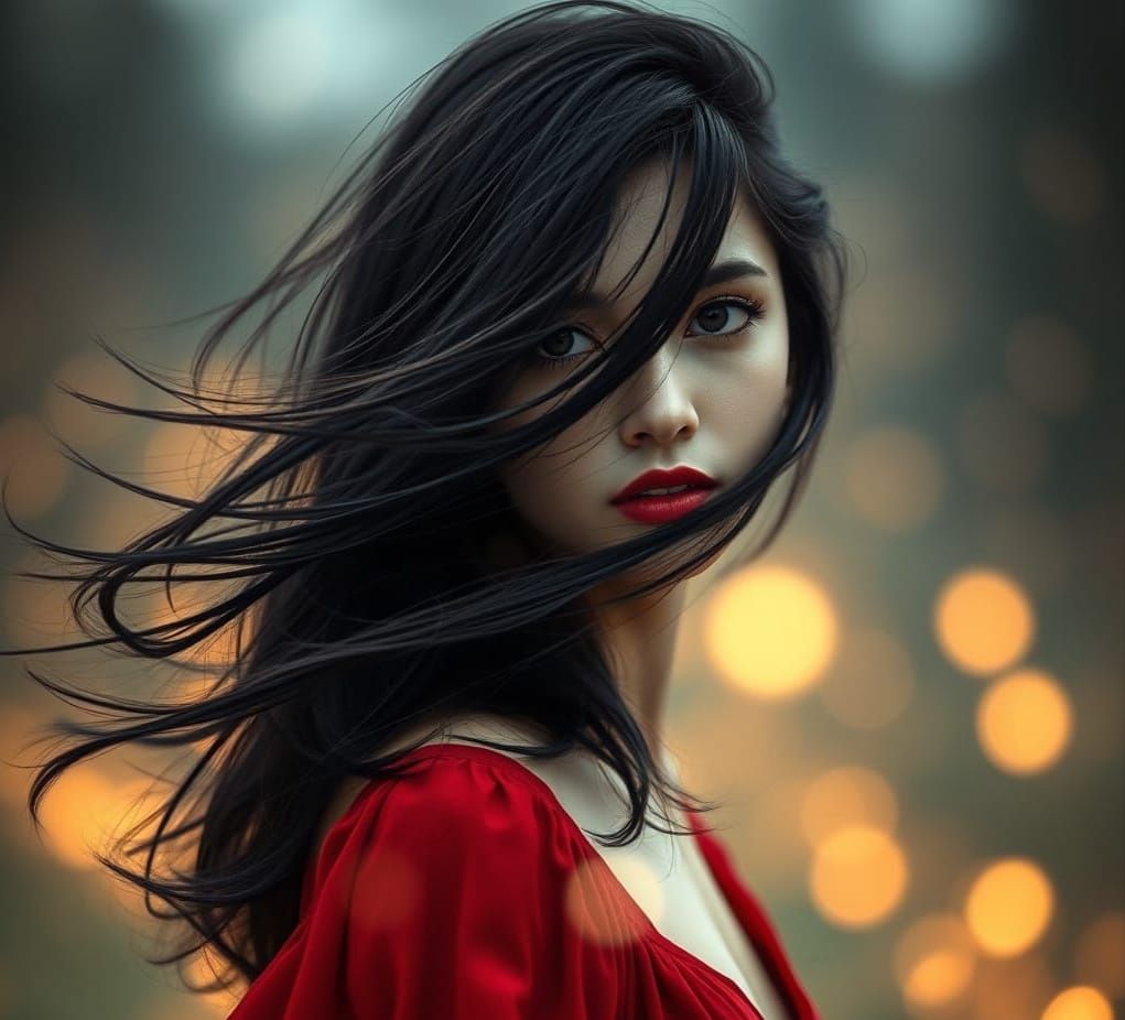 A Young Woman with Dark Hair Blows in the Wind, Dressed in R...