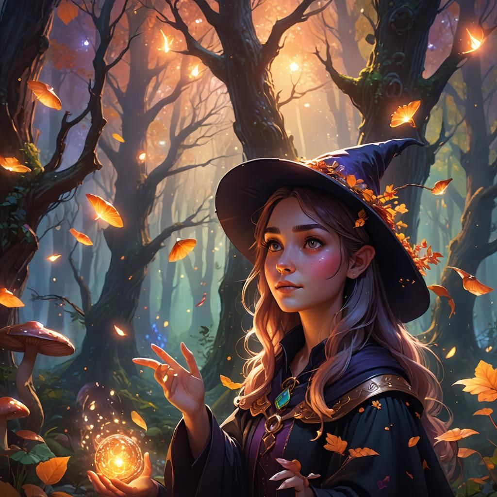 Benevolent Witch Casting Magic in Fantasy Forest