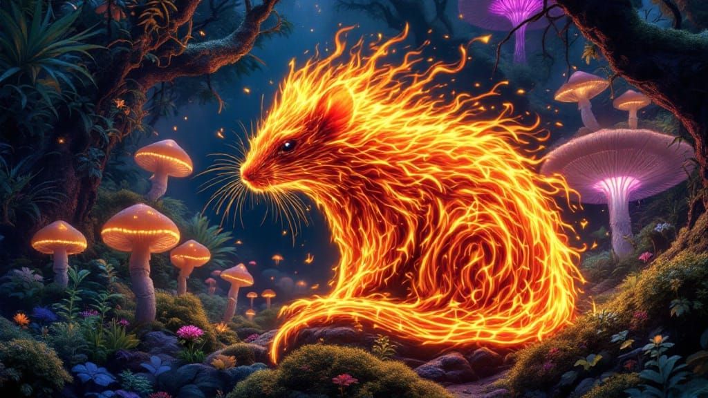 Psychedelic Jungle Fire Rat in Surrealist Style