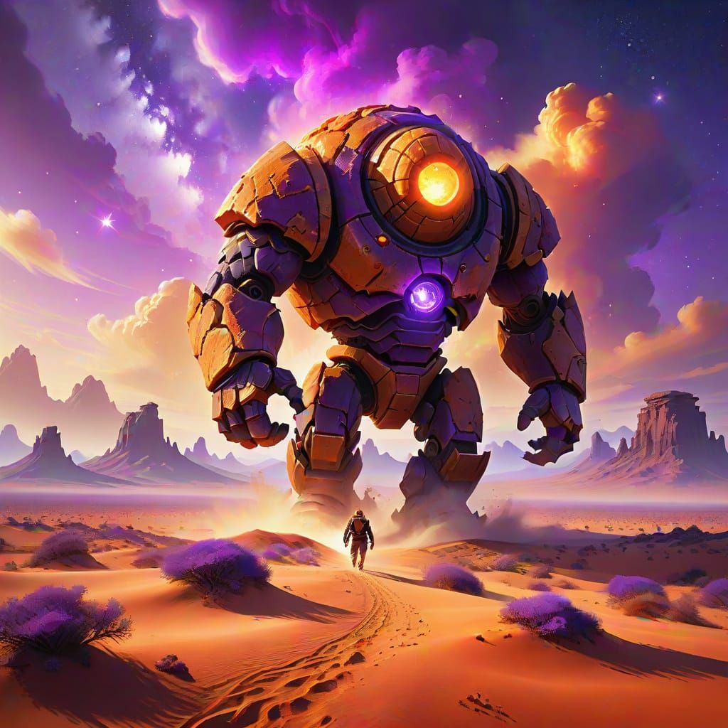 Majestic Orange Stone Golem Under Starlit Violet Desert Sky