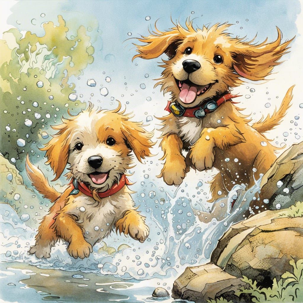 Puppies Playing in Water, Children's Illustration