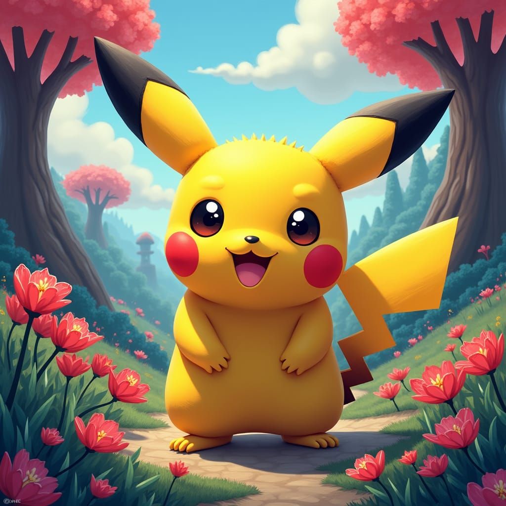 Childlike Pikachu in Fantasy Landscape Concept Art