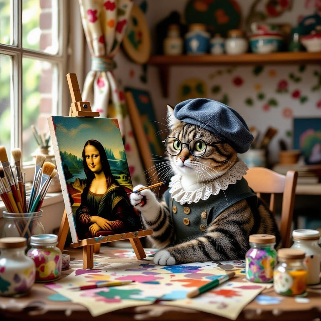 Cat Decoupages Mona Lisa in Folk Art Style
