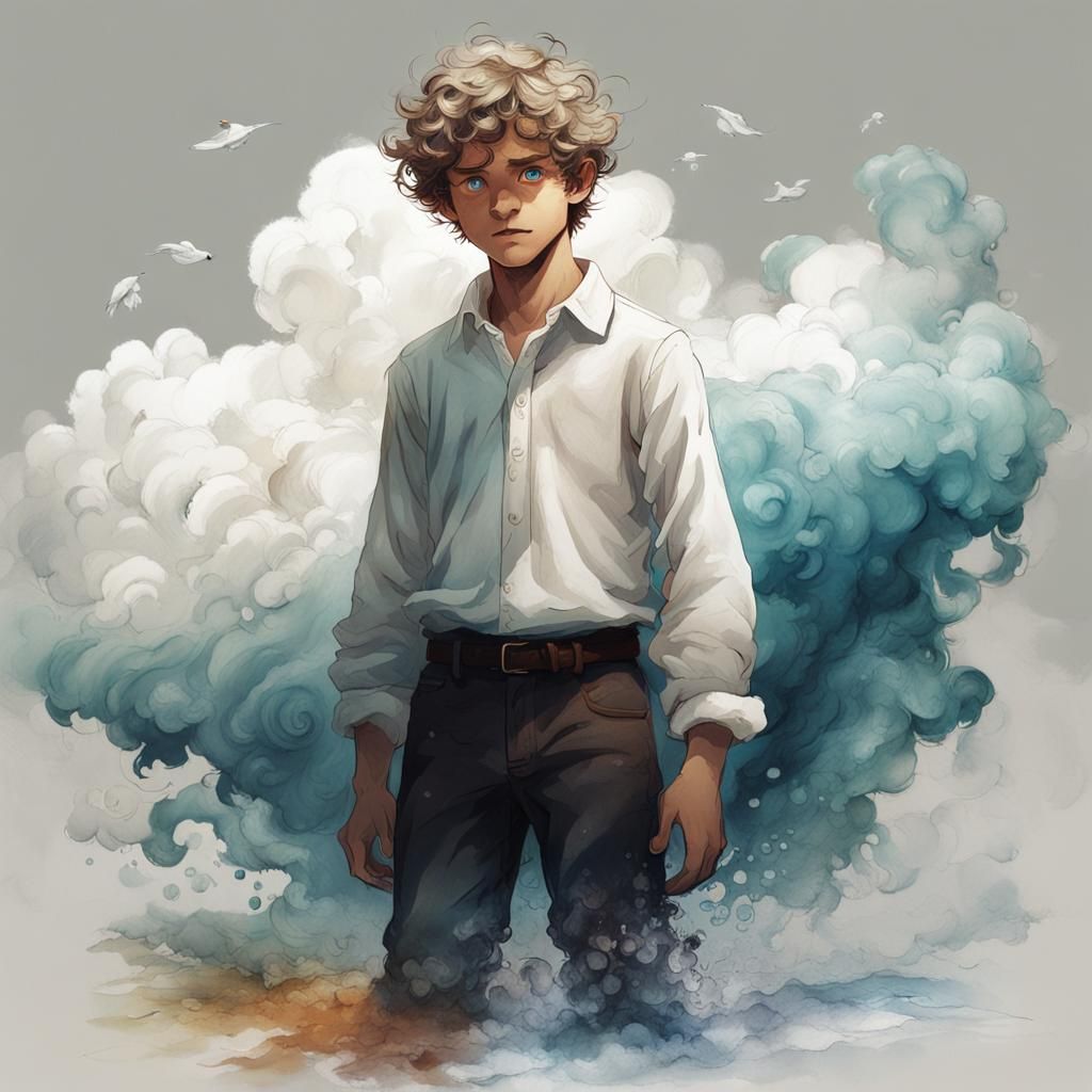 Boy Controls Water and Cloud in Detailed Sketch