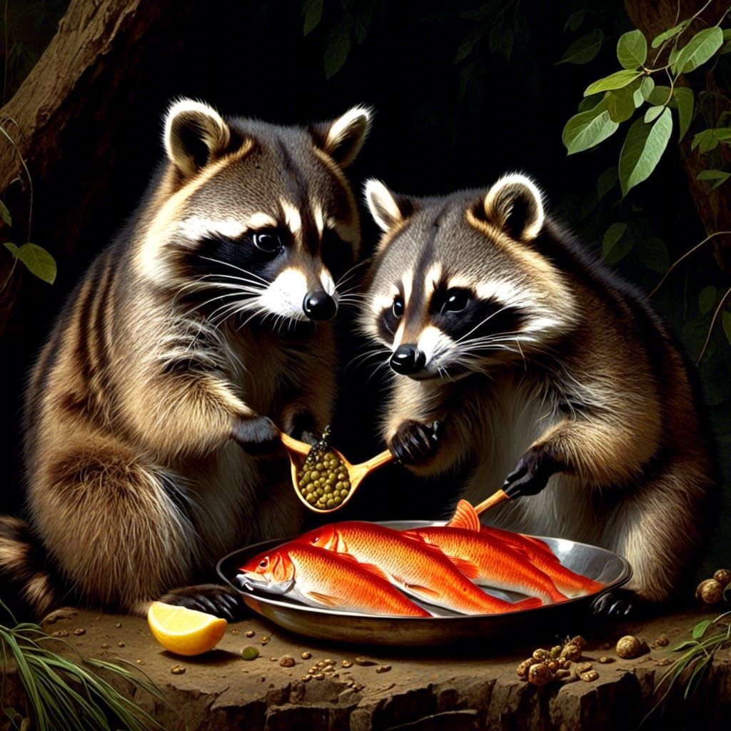 Raccoons Preparing Fish