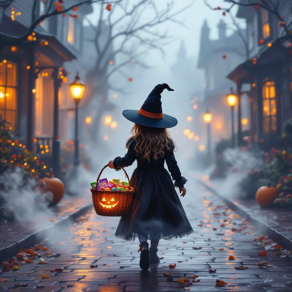 Witch Girl Trick-or-Treating on Halloween Street
