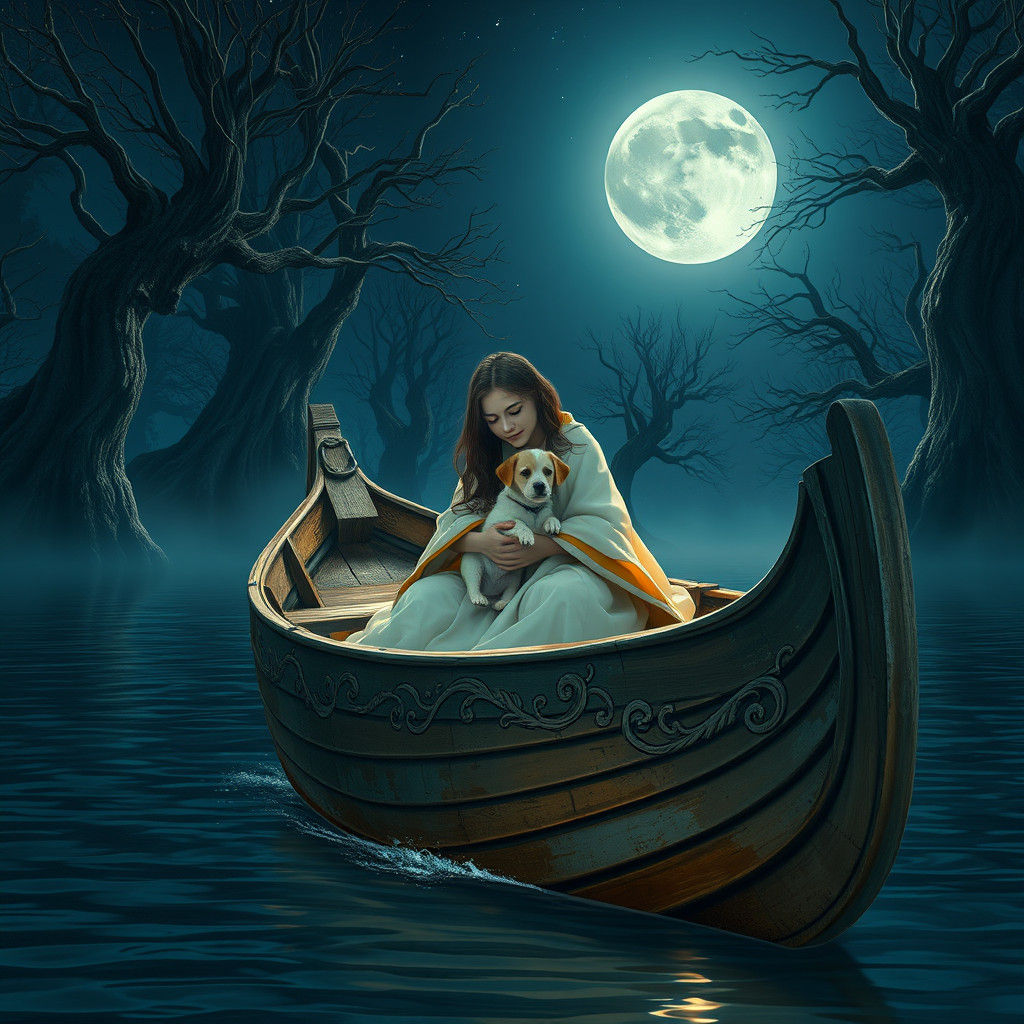 Girl and Puppy in Mystical Boat, Dreamlike Fantasy Art