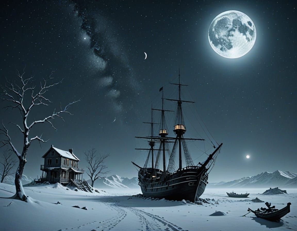 A remote, snowy area where a ship has been wrecked and its t...