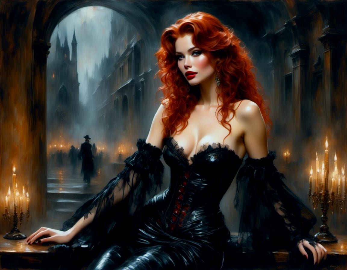 Fiery Beauty in Regal Ballroom: Oil Painting