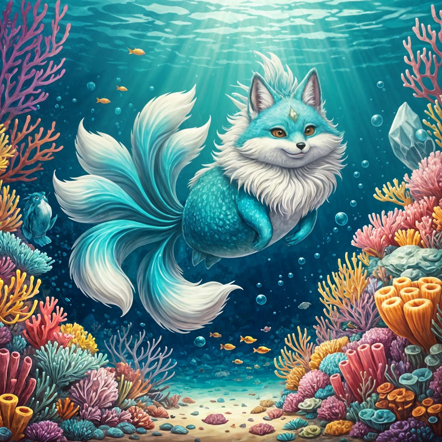Whimsical Merfox Glides Through Vibrant Coral Reef