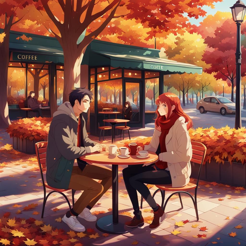 Romantic Anime Couple in Autumn Setting