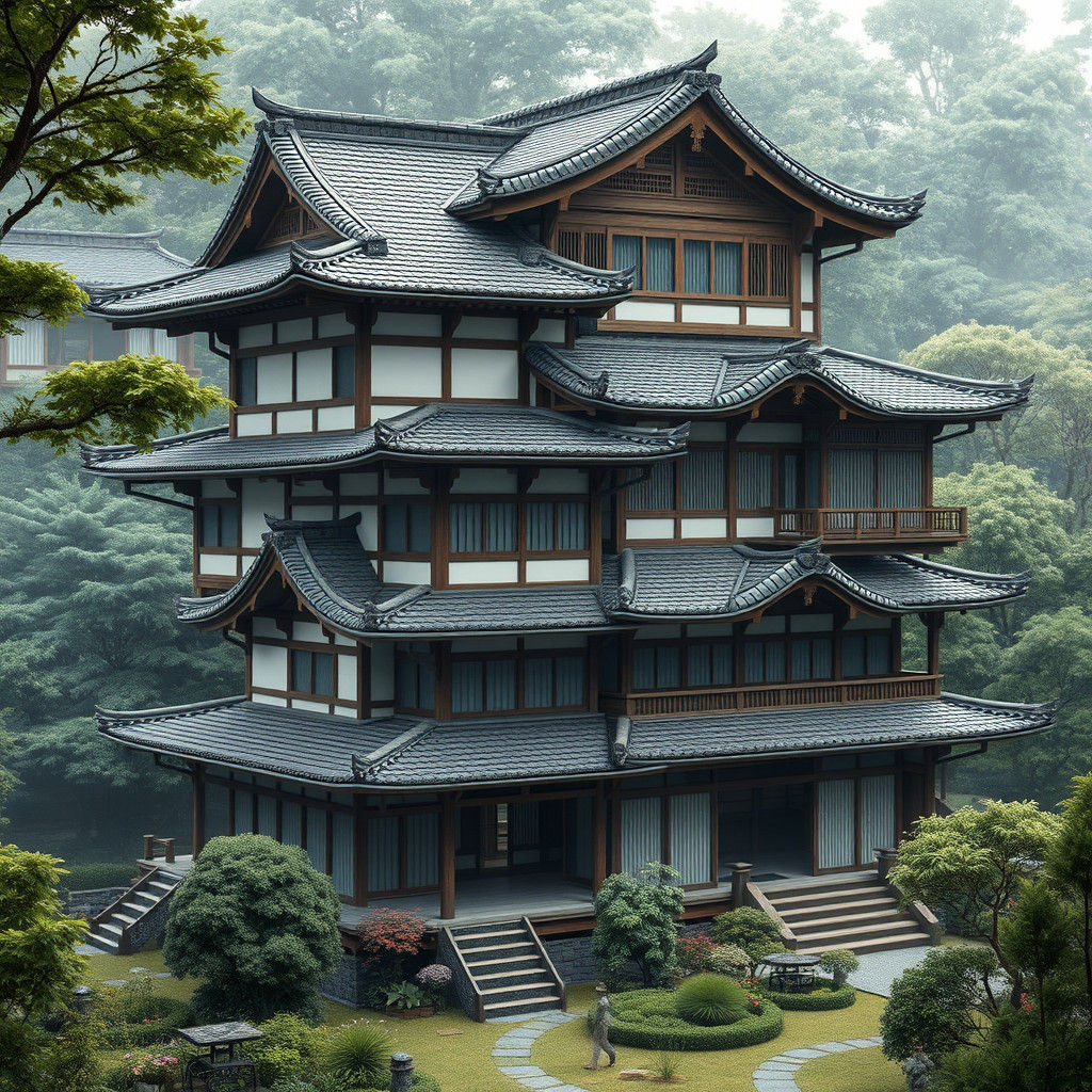 Japanese House with Staggered Design in Lush Garden