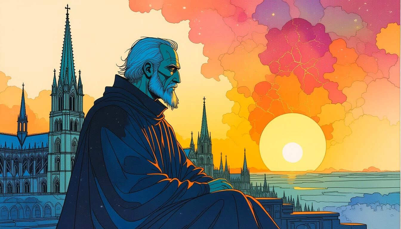 Cosmic Prophet with Celestial Map in Line Engraving