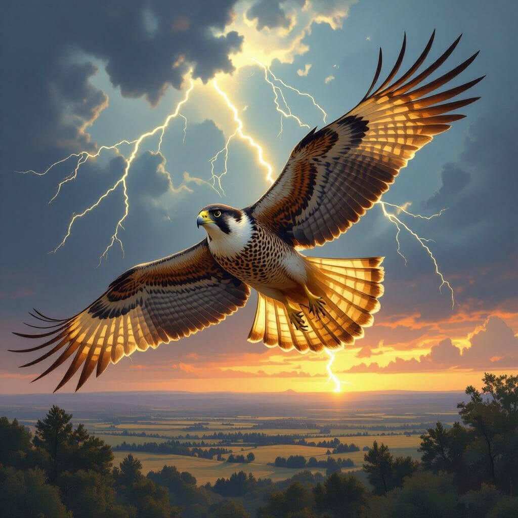 Falcon Soaring in Storm, Dramatic Golden Lighting