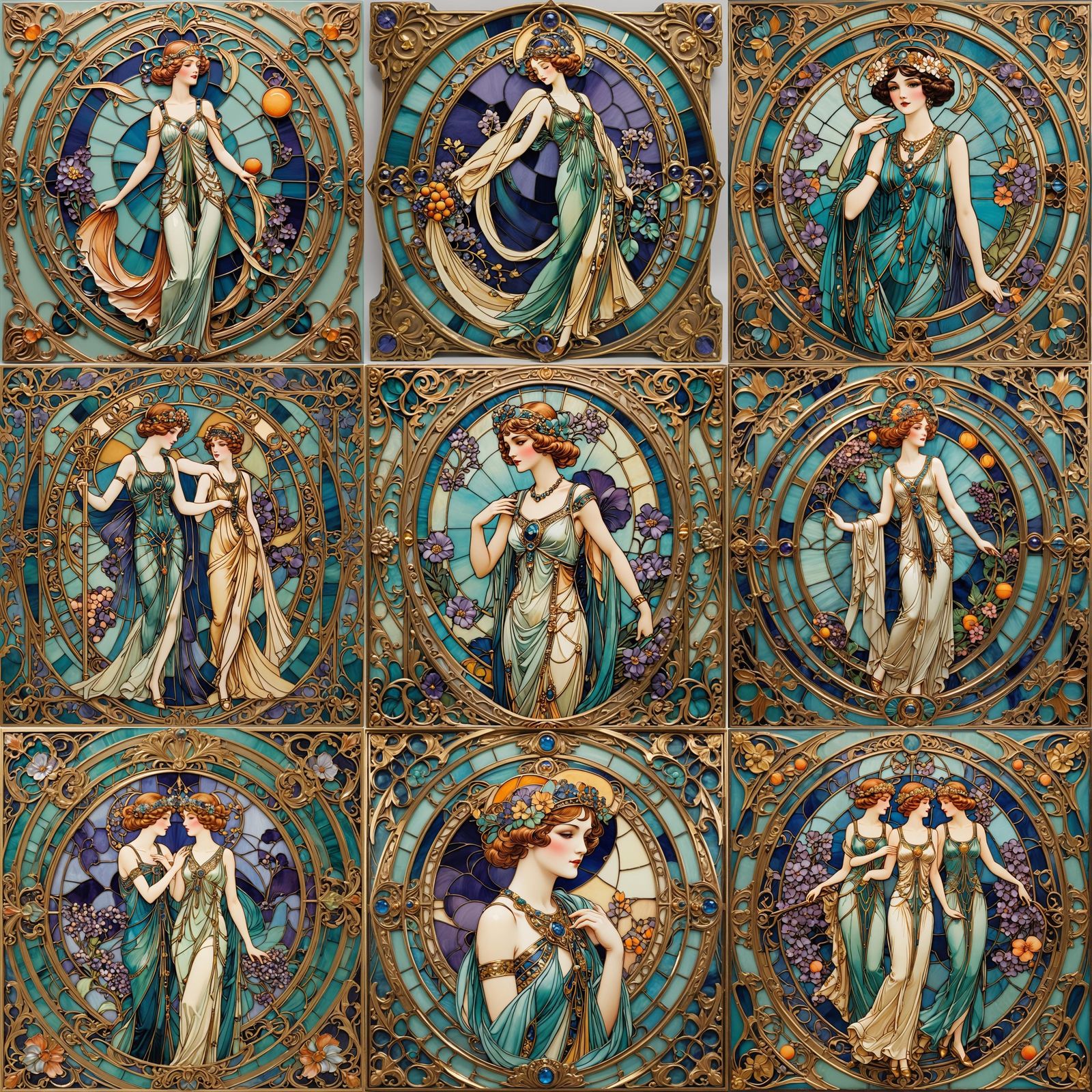 Ornate Flapper Girls in Stained Glass Art Deco Style