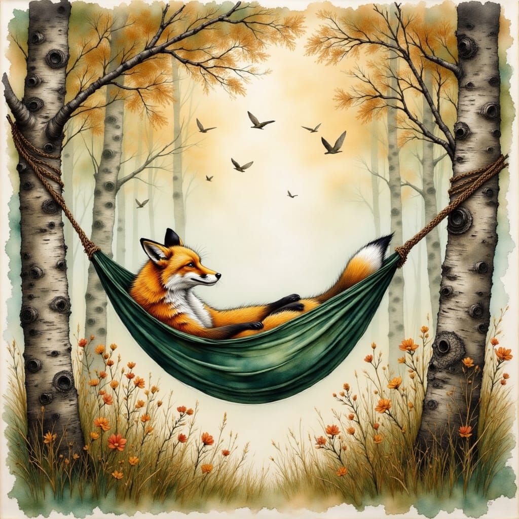 Detailed Birch Trees with Fox in Hammock, Ink and Watercolor...