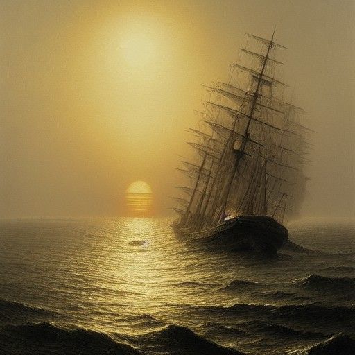Sailing Ships at Sunset on Misty Sea