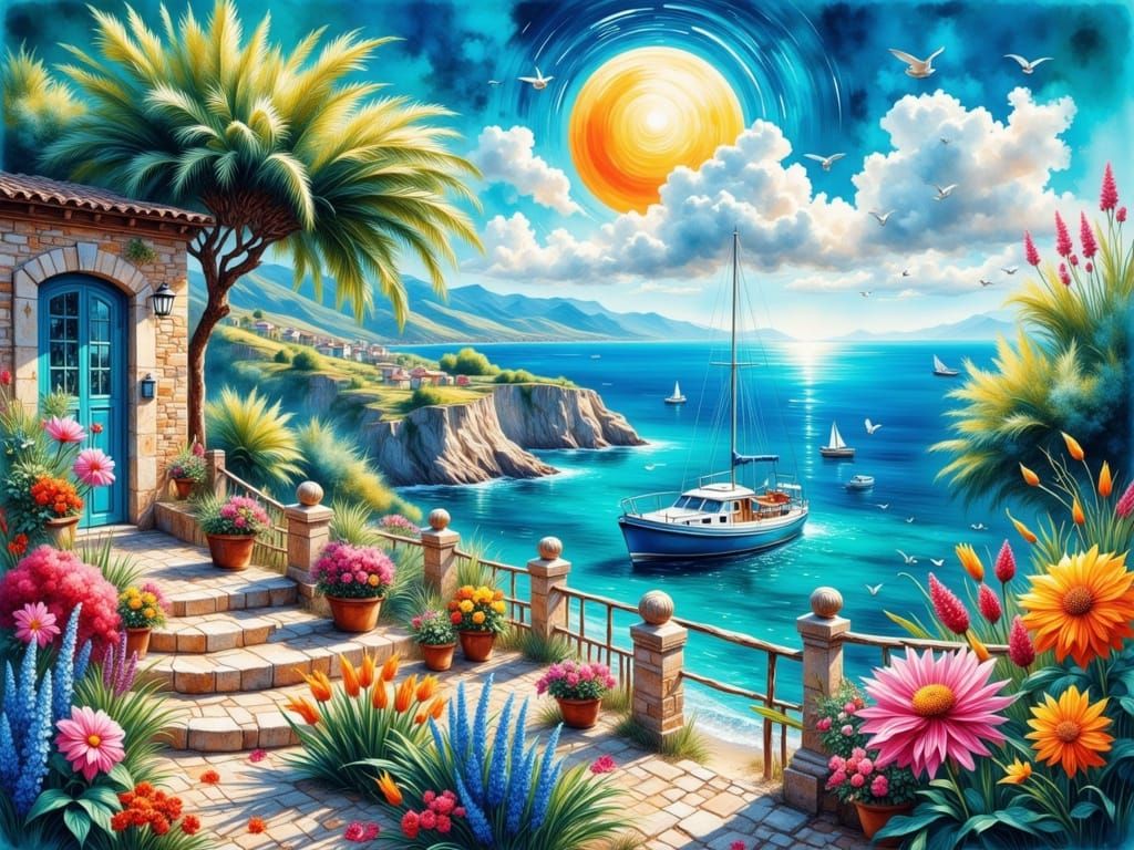 Italian Village by the Sea: Impressionistic Sunset Painting