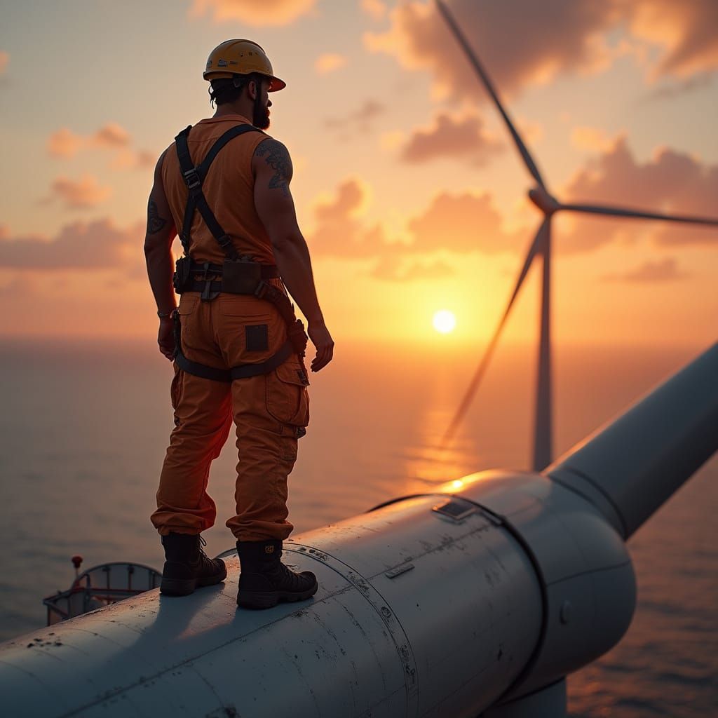 Wind Turbine Technician at Sunset: Cinematic Style