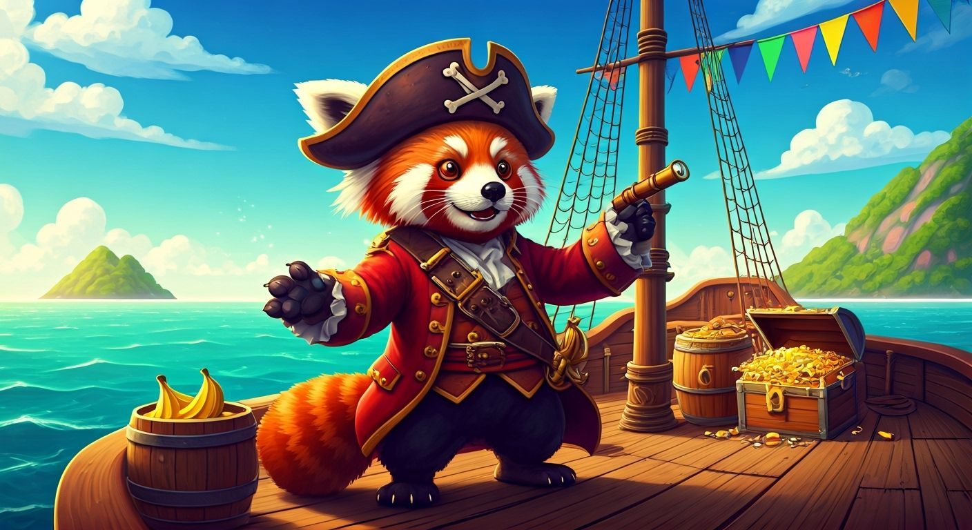 Red Panda Pirate Captain on Treasure Ship