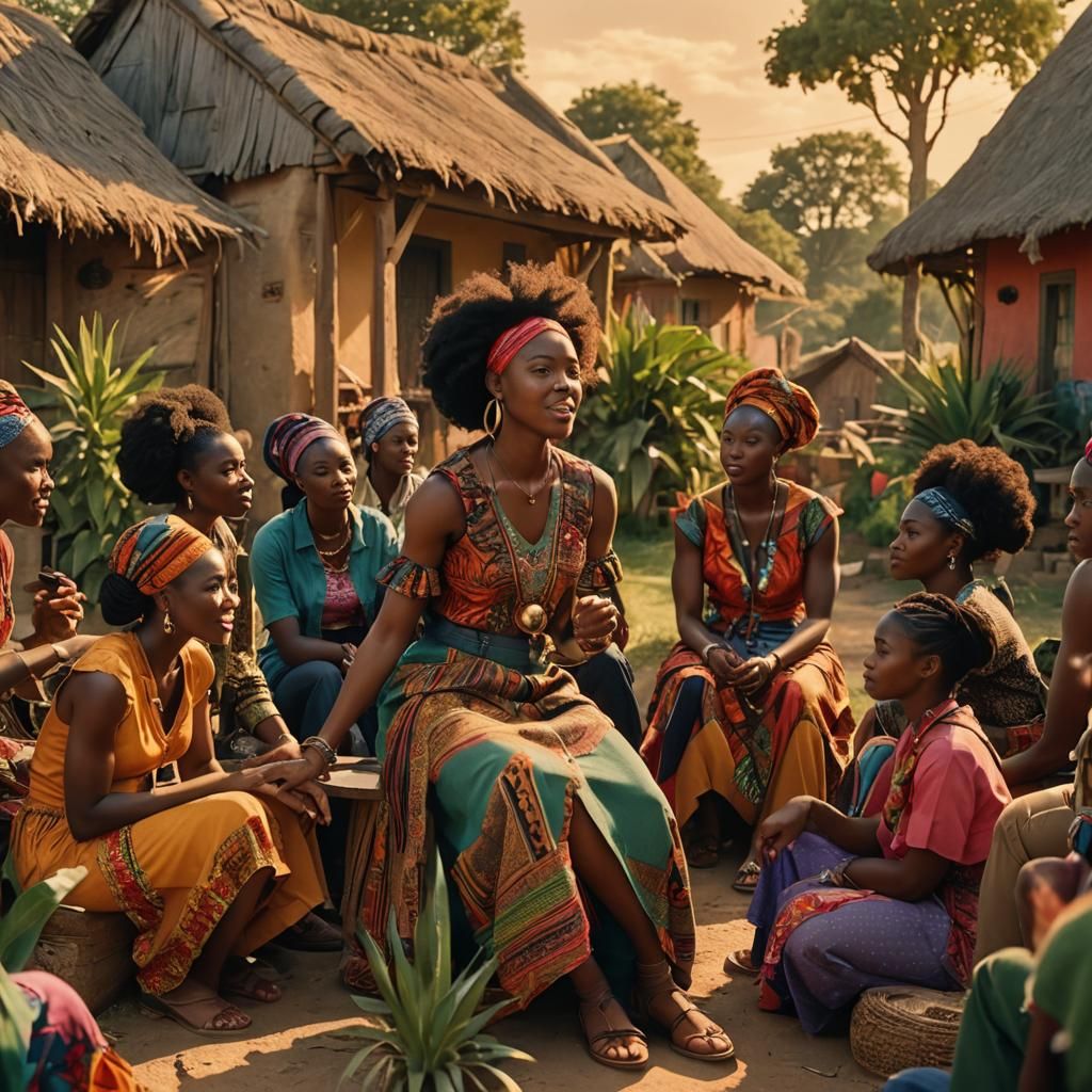 Confident Woman Leads Discussion in Vibrant Village