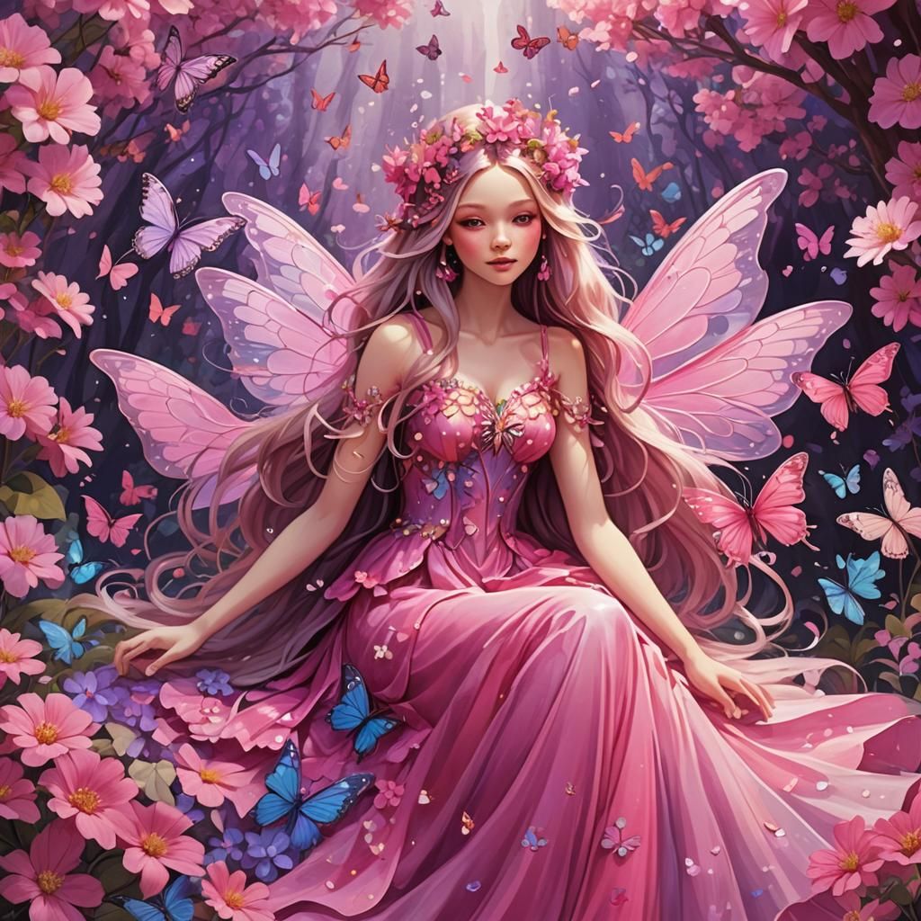 Fairy in Pink Flowers Digital Illustration