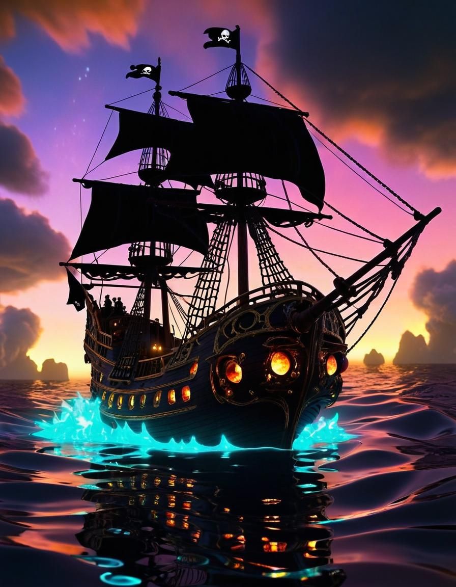 Pirate Ship Navigates Bioluminescent Hurricane: Digital Illu...