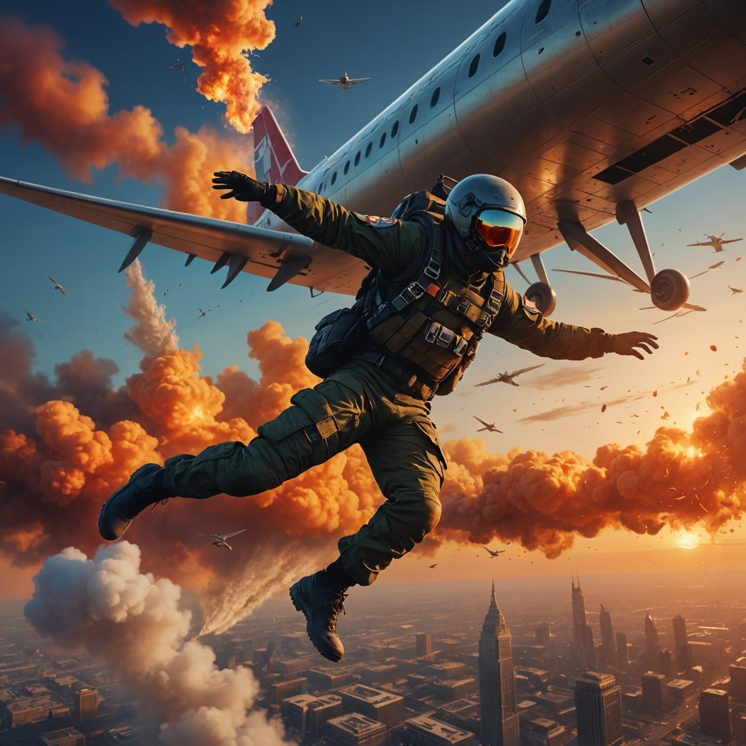 Parachutist's Leap: Fiery Sky Reflection as Detailed Matte P...