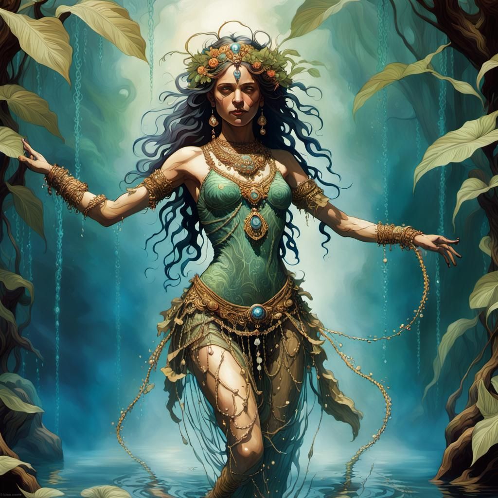 Woman Dancing in Jungle Stream: Dark Fantasy Art