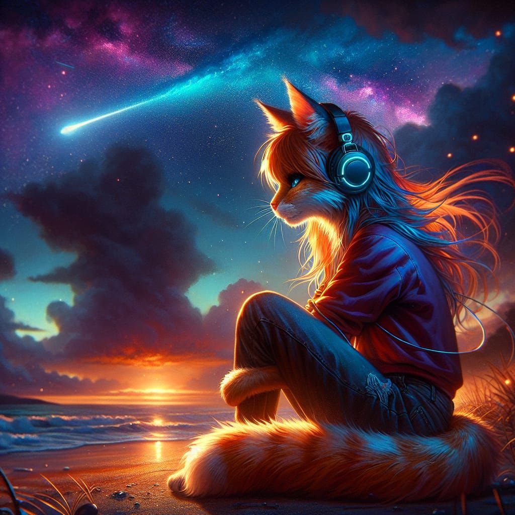 Ginger Cat-Girl Listening to Music on Beach at Night