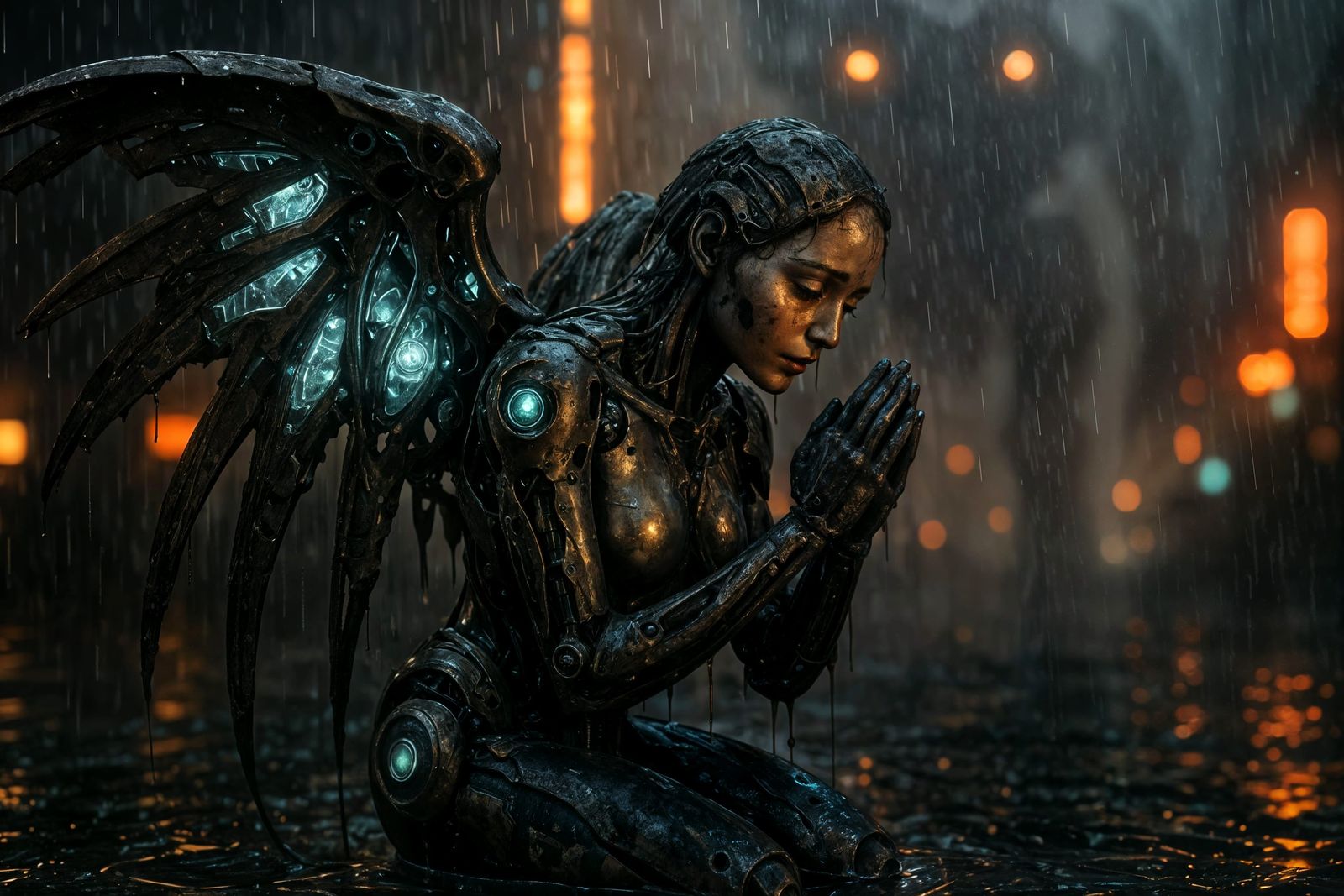 Mechanical Angel Kneeling in Oily Downpour