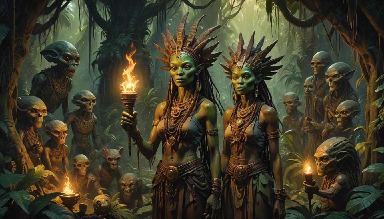 Alien Voodoo Priestess in Jungle Temple Concept Art