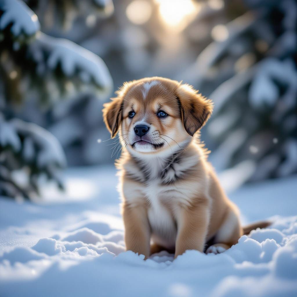 Distressed Puppy Crying in Snowy Forest