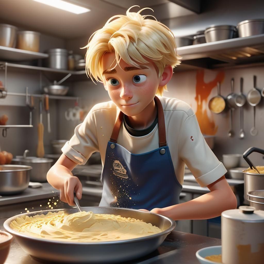 Blond Boy Baking: 3D Digital Art in Pixar Style