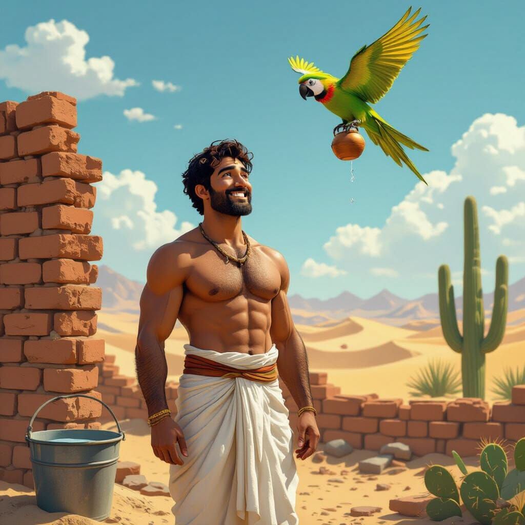 Indian Desert Farmer and Parrot in 3D Style