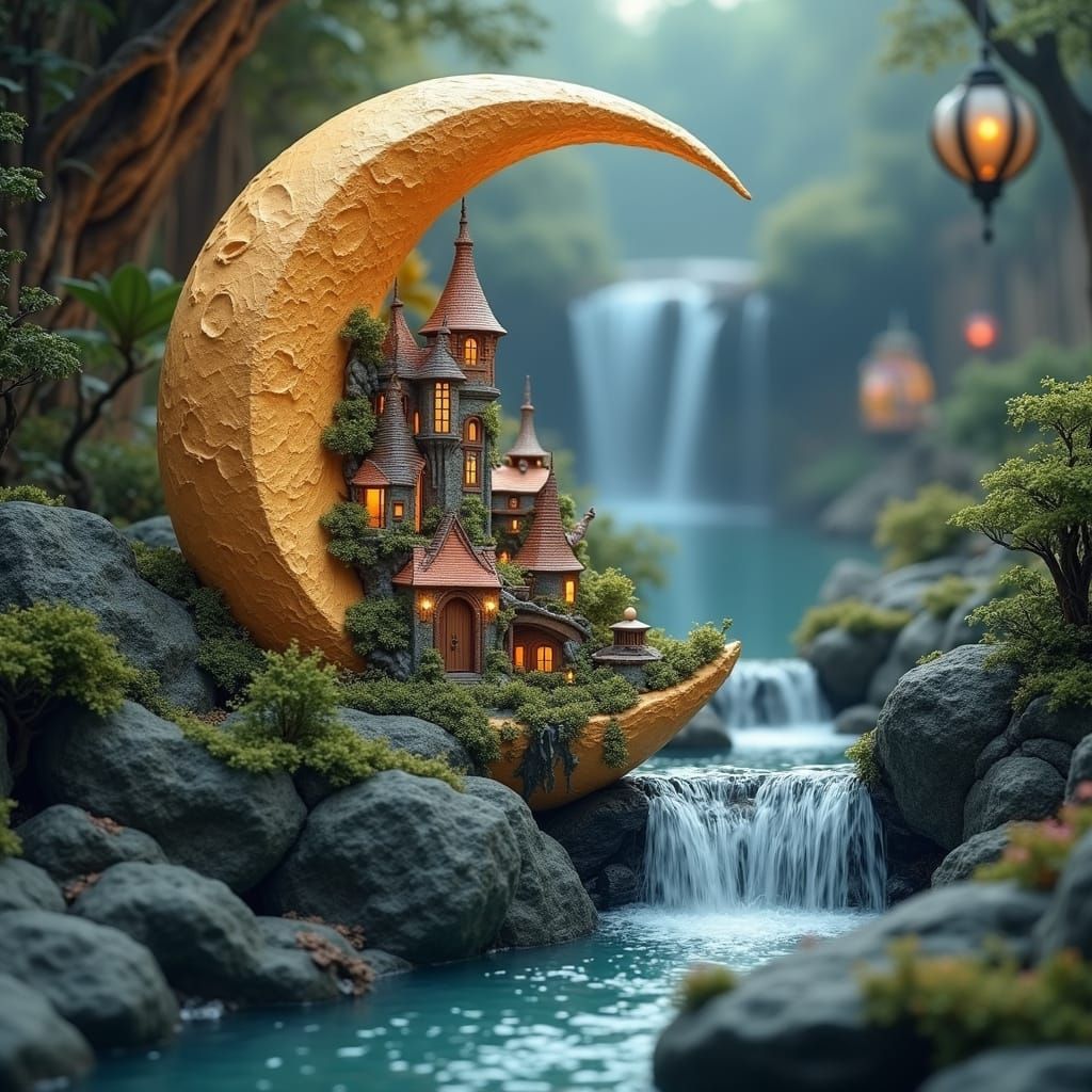 Ornate Crescent Moon Village with Glowing Flora