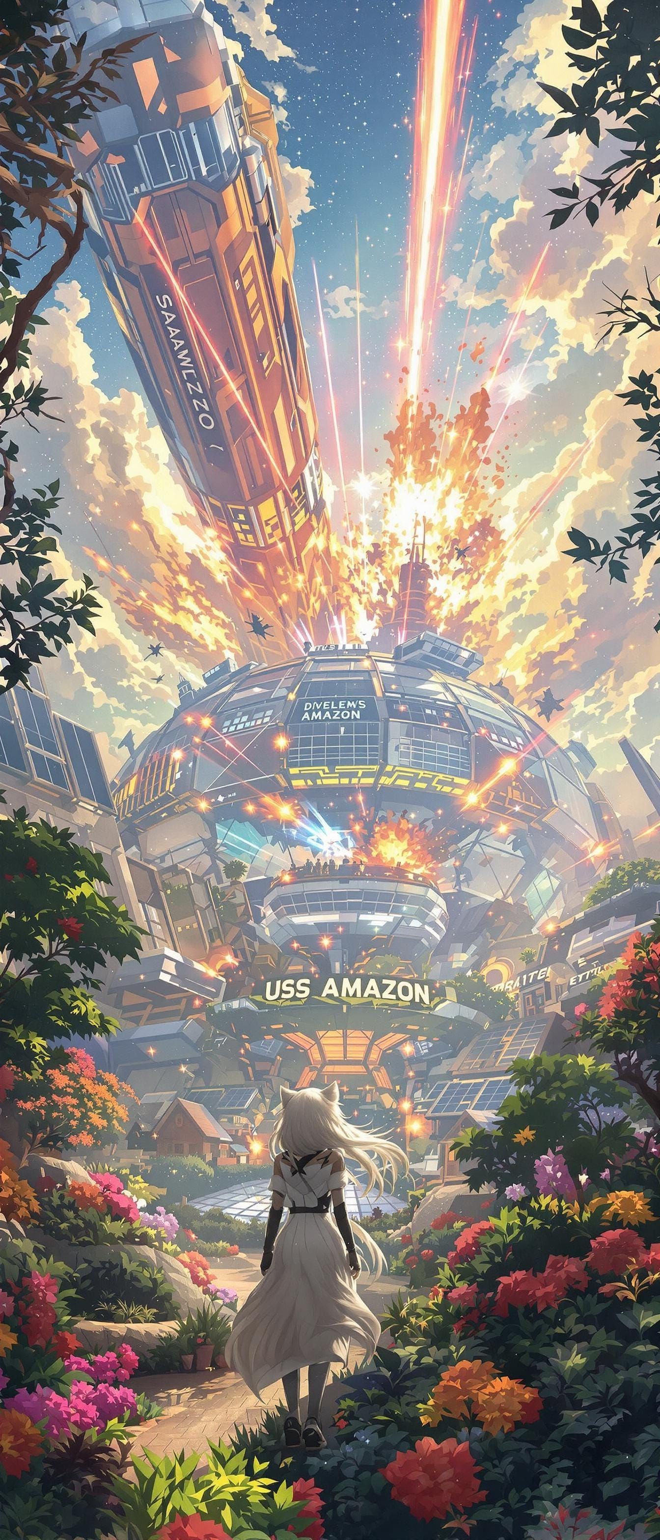 Surreal Solarpunk Battle in Biodome Garden