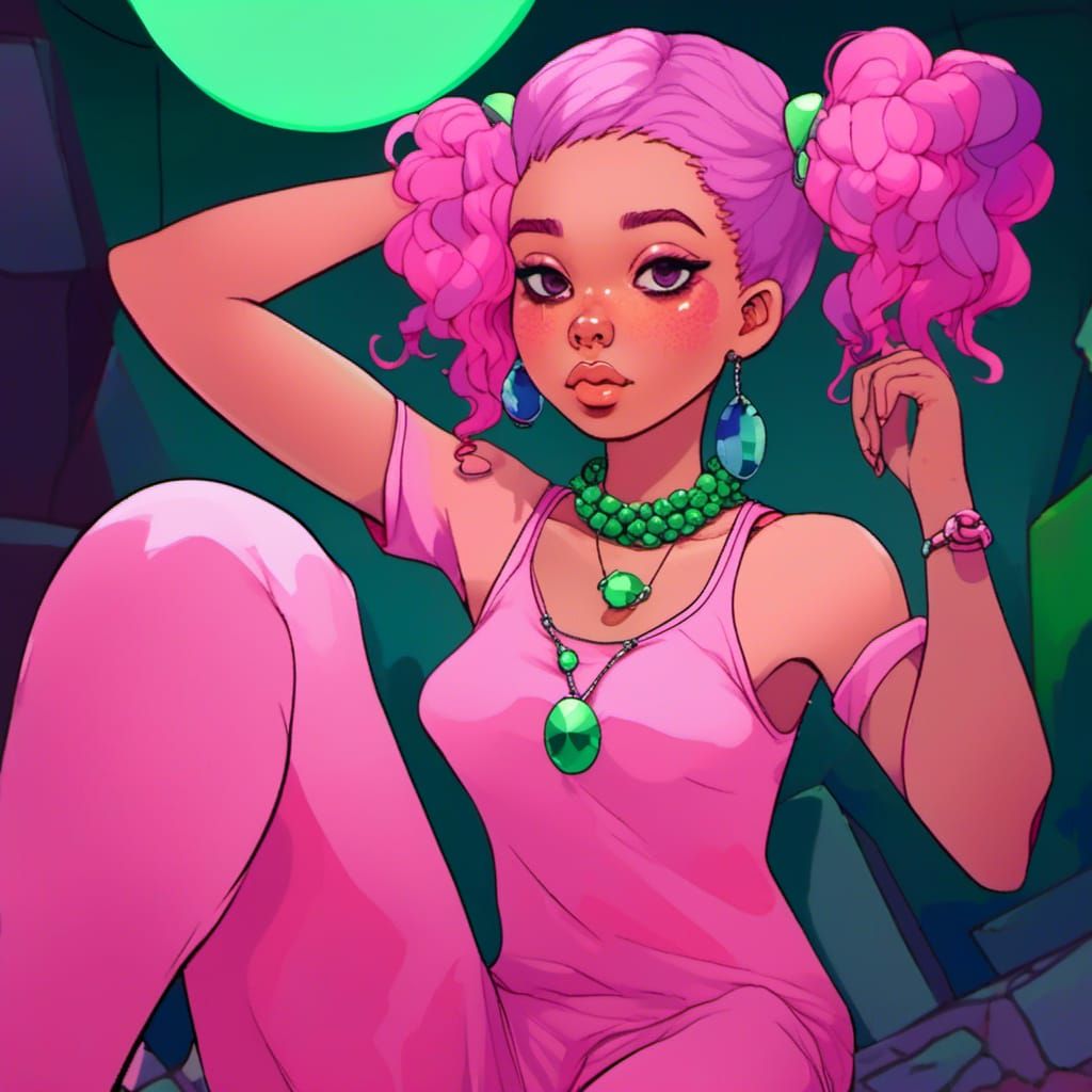 Cute Cartoon Girl with Pink Afro and Pigtails