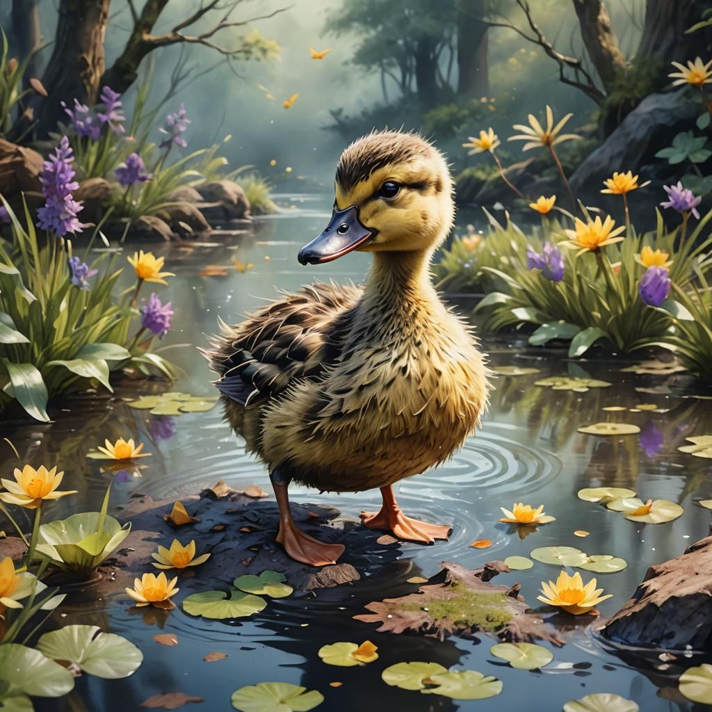 Watercolor Fluffy Duckling Fantasy Concept Art