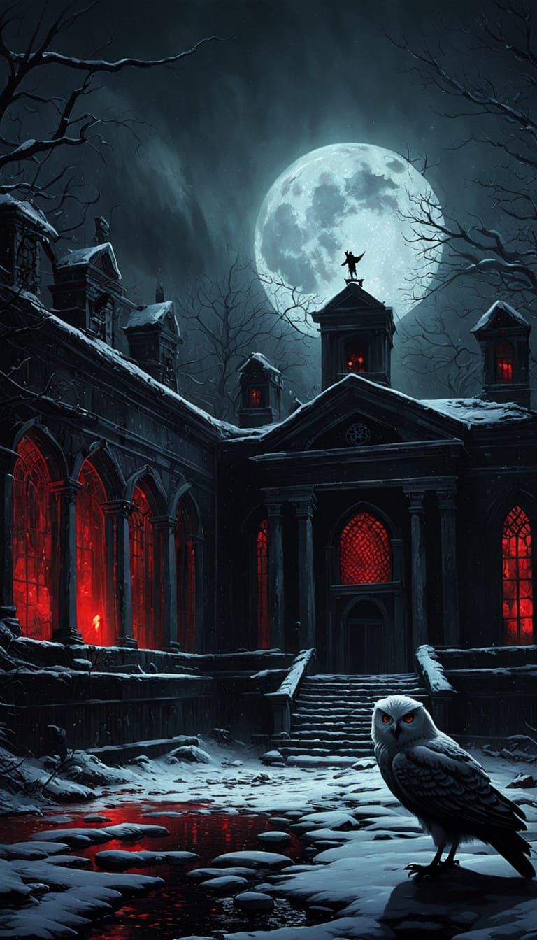 Eerie Asylum Scene with Owl Musician and Floating Eyes