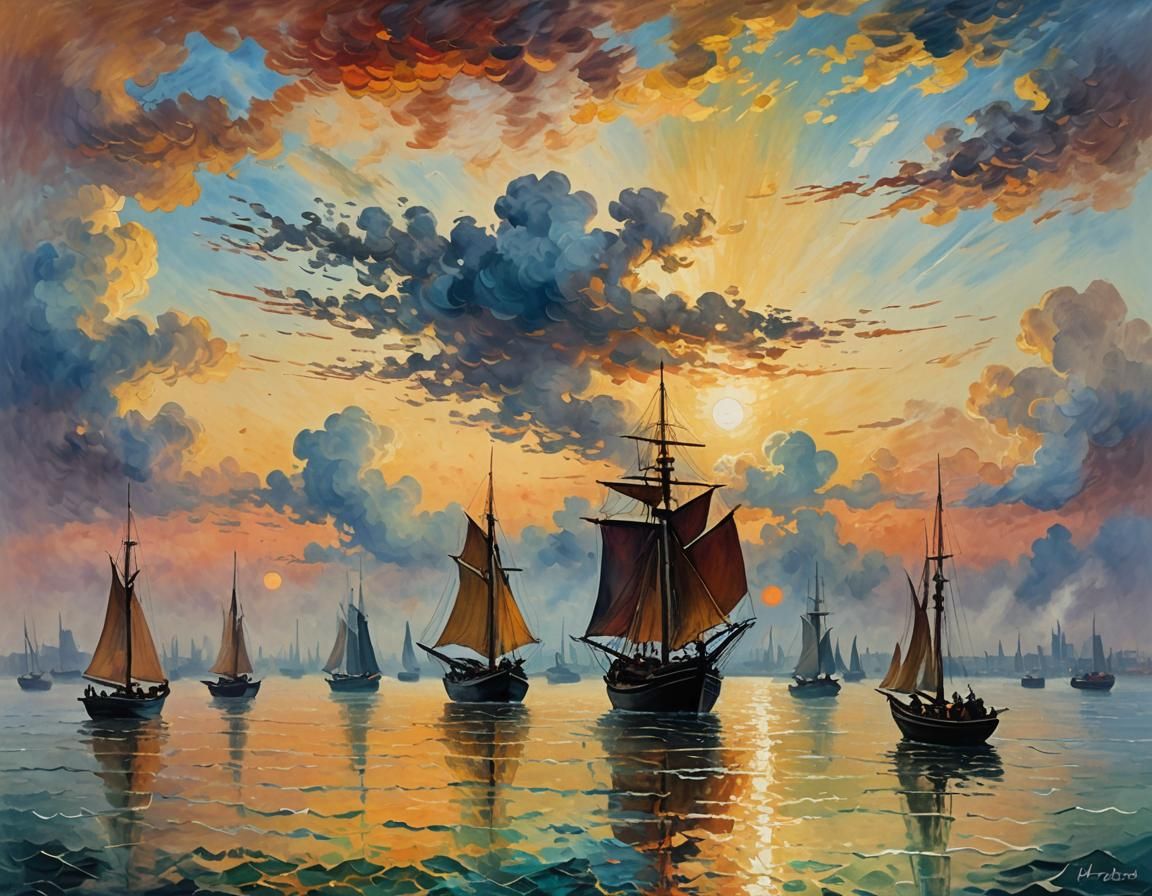 Vapor Vessels Sailing into Sunset: Neo-Impressionist Oil Pai...