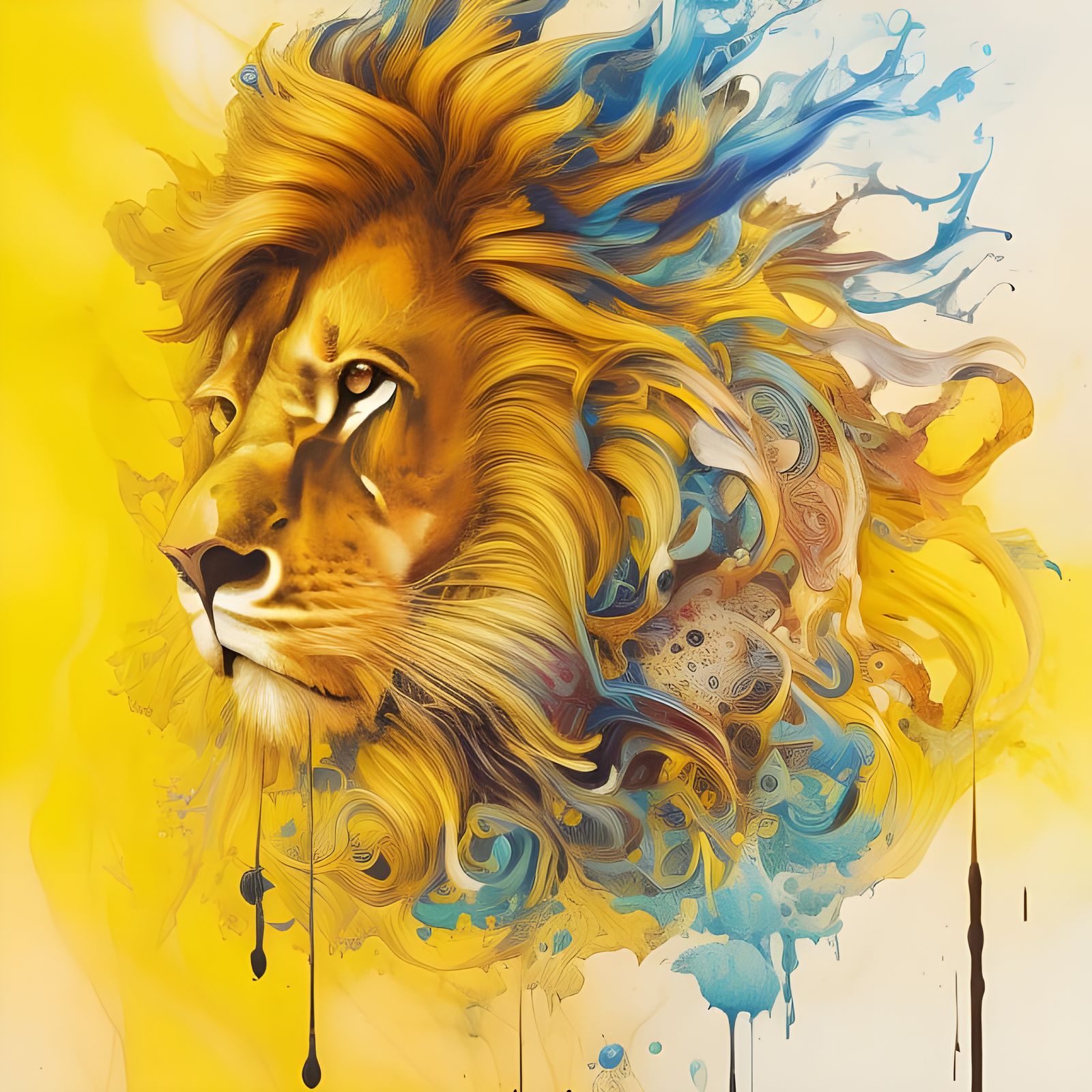 Explosive Lemon Lion Portrait in Gouache and Oil