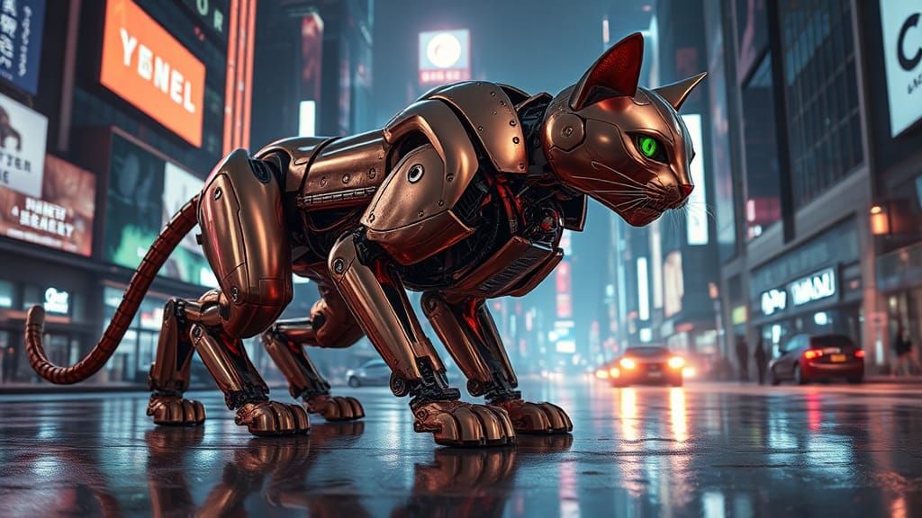 Copper Mecha Cat Ready to Pounce in Cyberpunk City