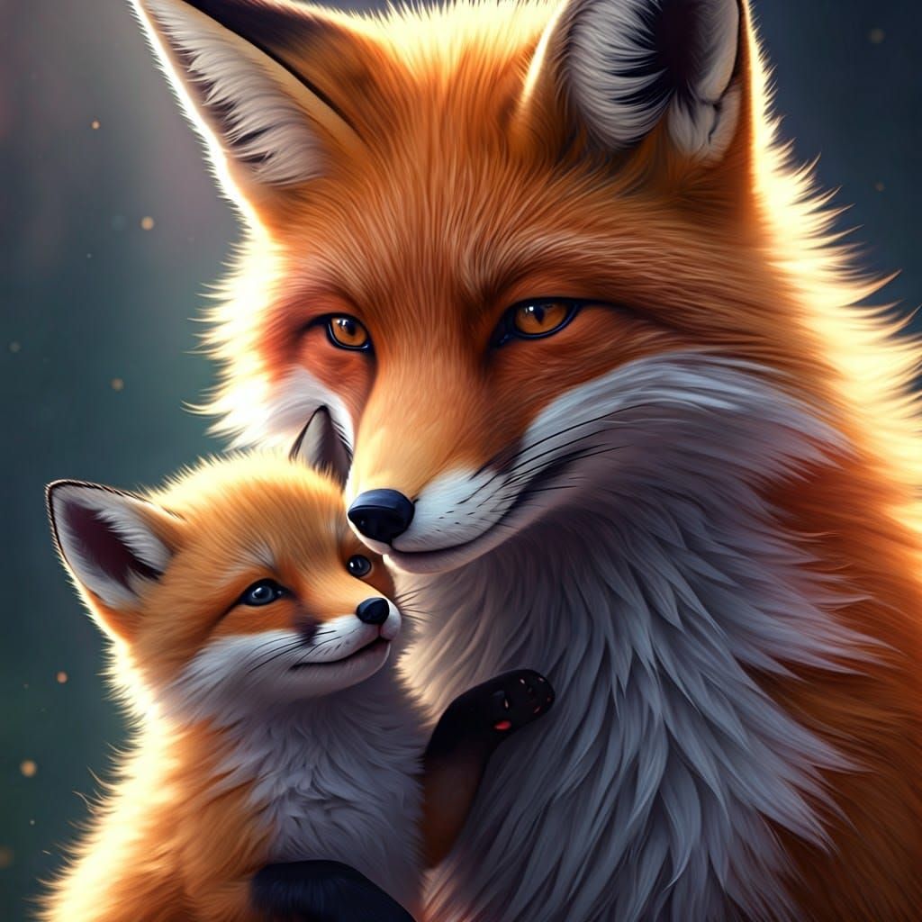 Mother Fox and Cub: Tender Moment in 3D Anime