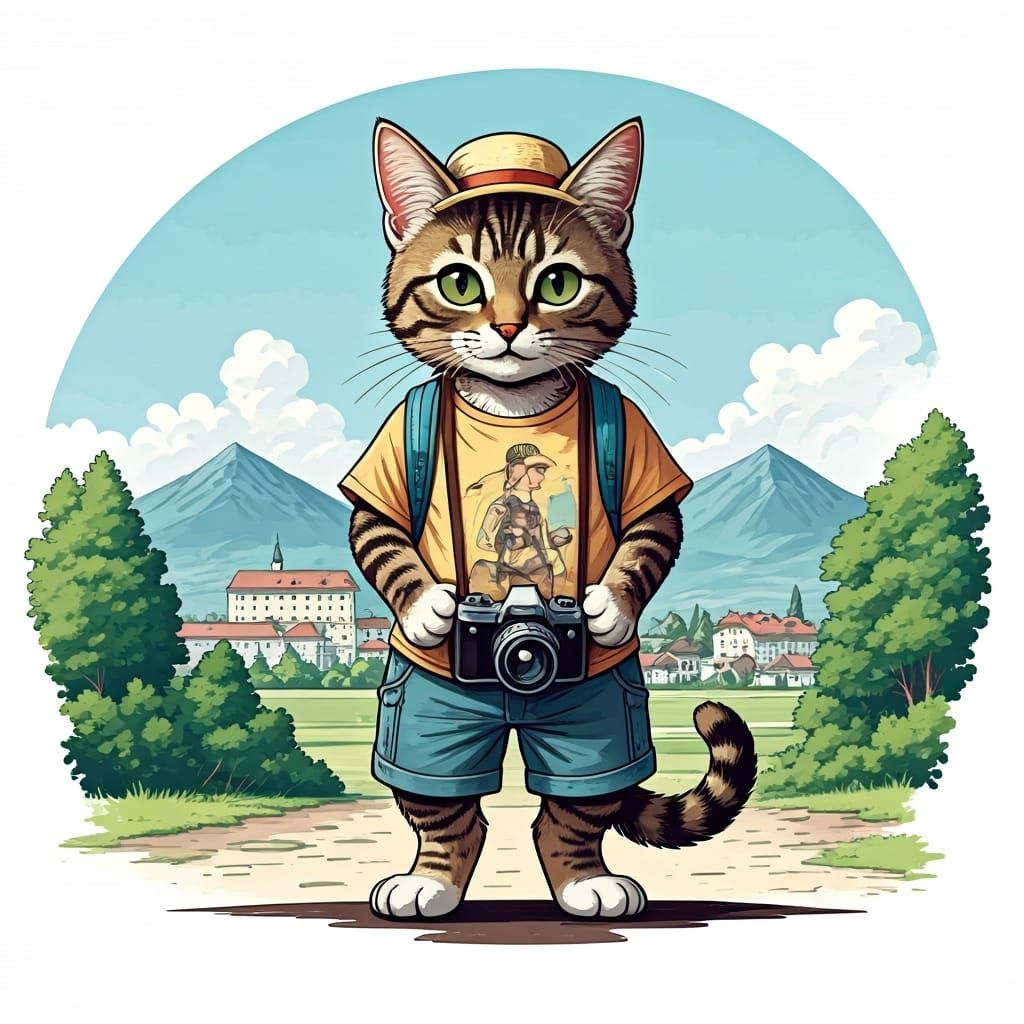 Style of Tenniel, a tabby kitten wearing a T-shirt with a de...