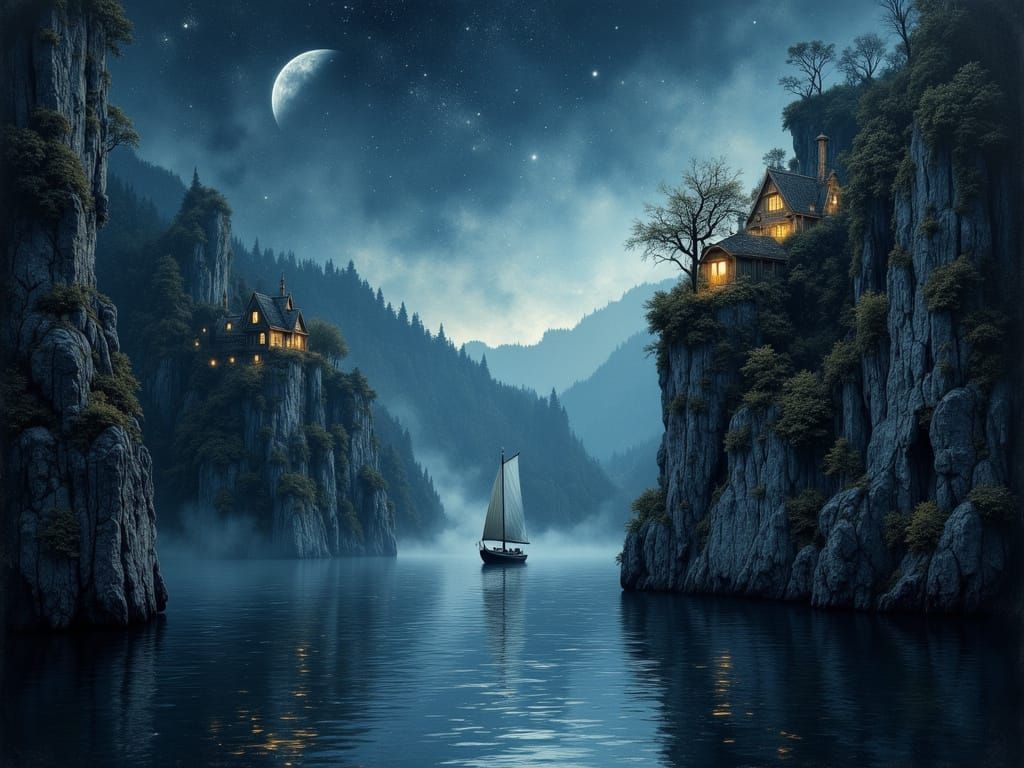 Sailboat on Still Lake at Midnight with Cliffs