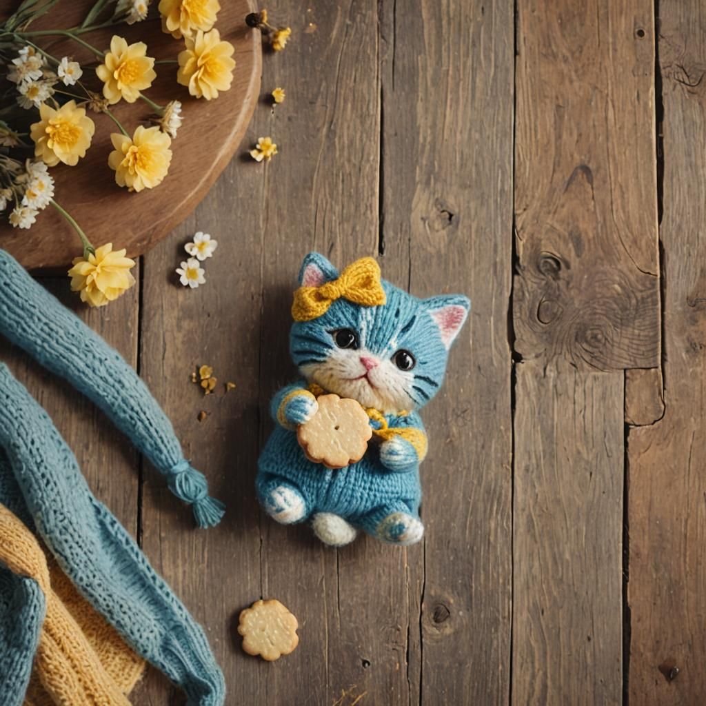 Knitted Kitten Film Still in Warm Golden Tones