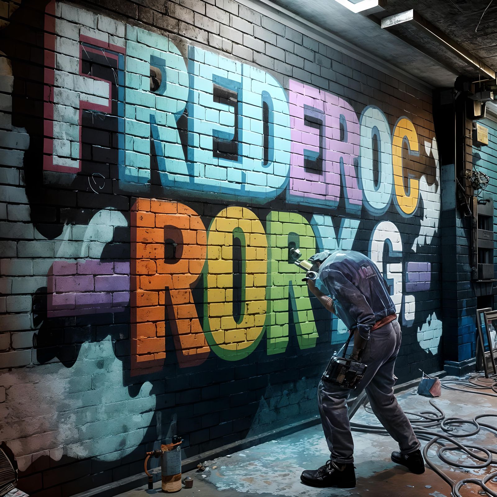 Graffiti Artist in Dimly Lit Alley with Triadic Colors