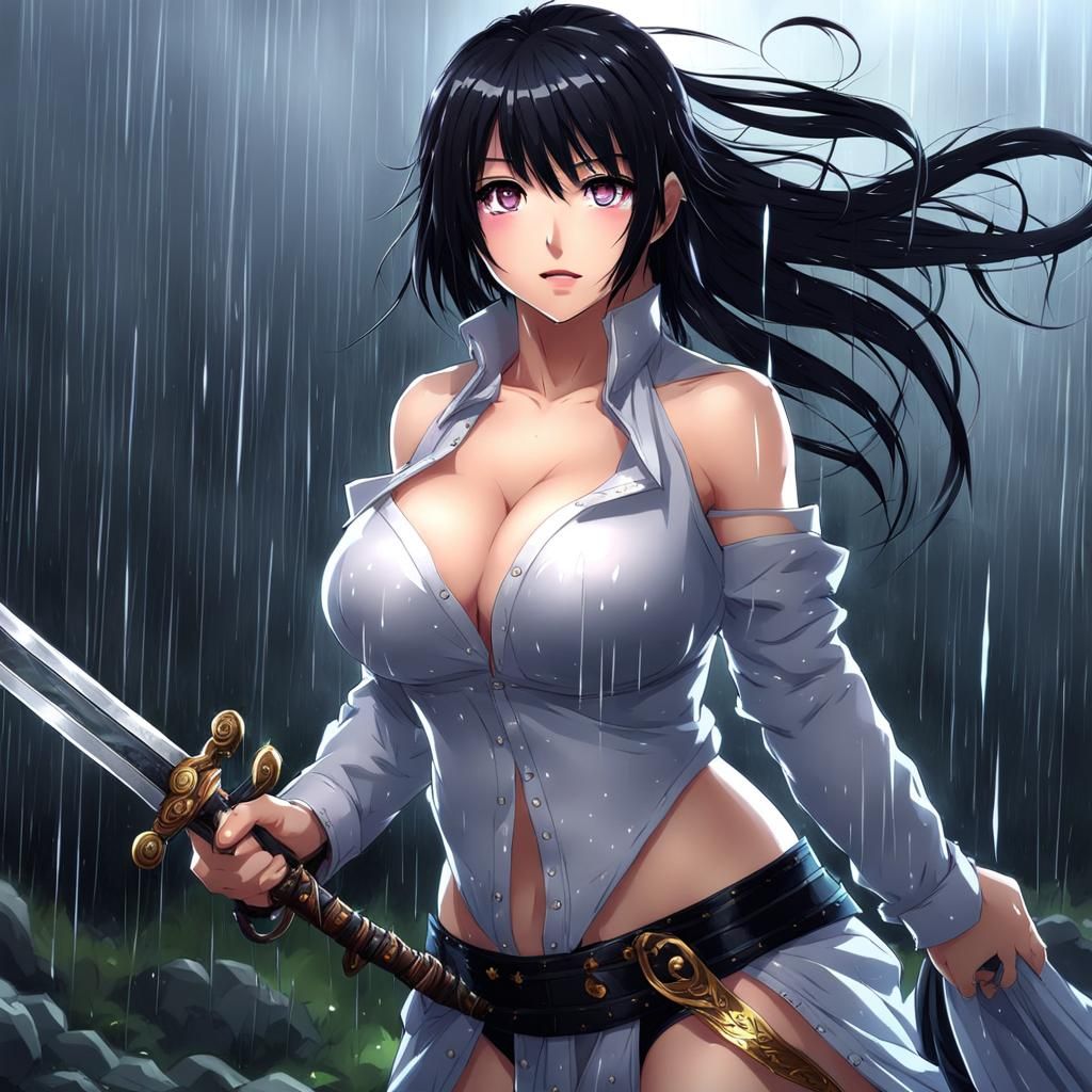 Anime Girl with Sword in Rain