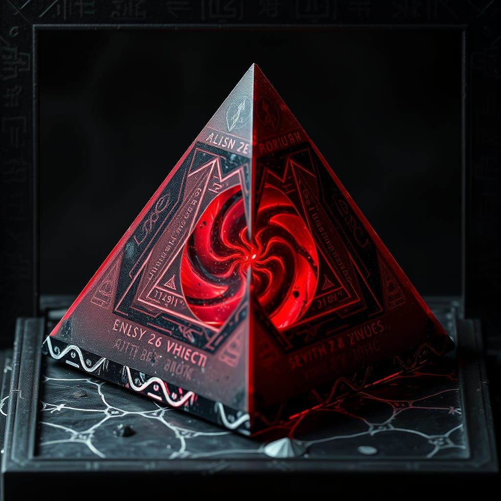 Dark Crystal Pyramid with Eerie Red Glow in Obsidian Frame